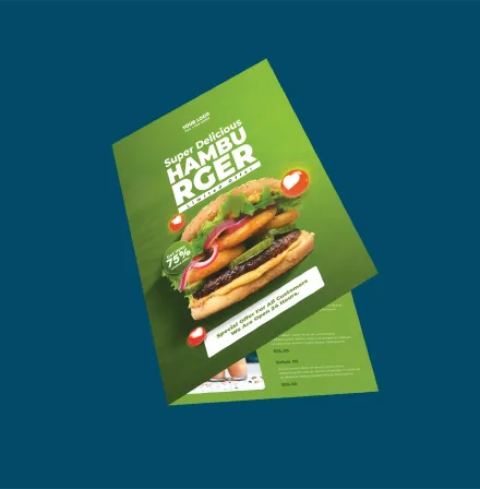 Menú verde en formato díptico con imagen de una hamburguesa sobre fondo azul.