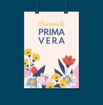 Póster decorativo con ilustraciones florales y mensaje de bienvenida a la primavera.