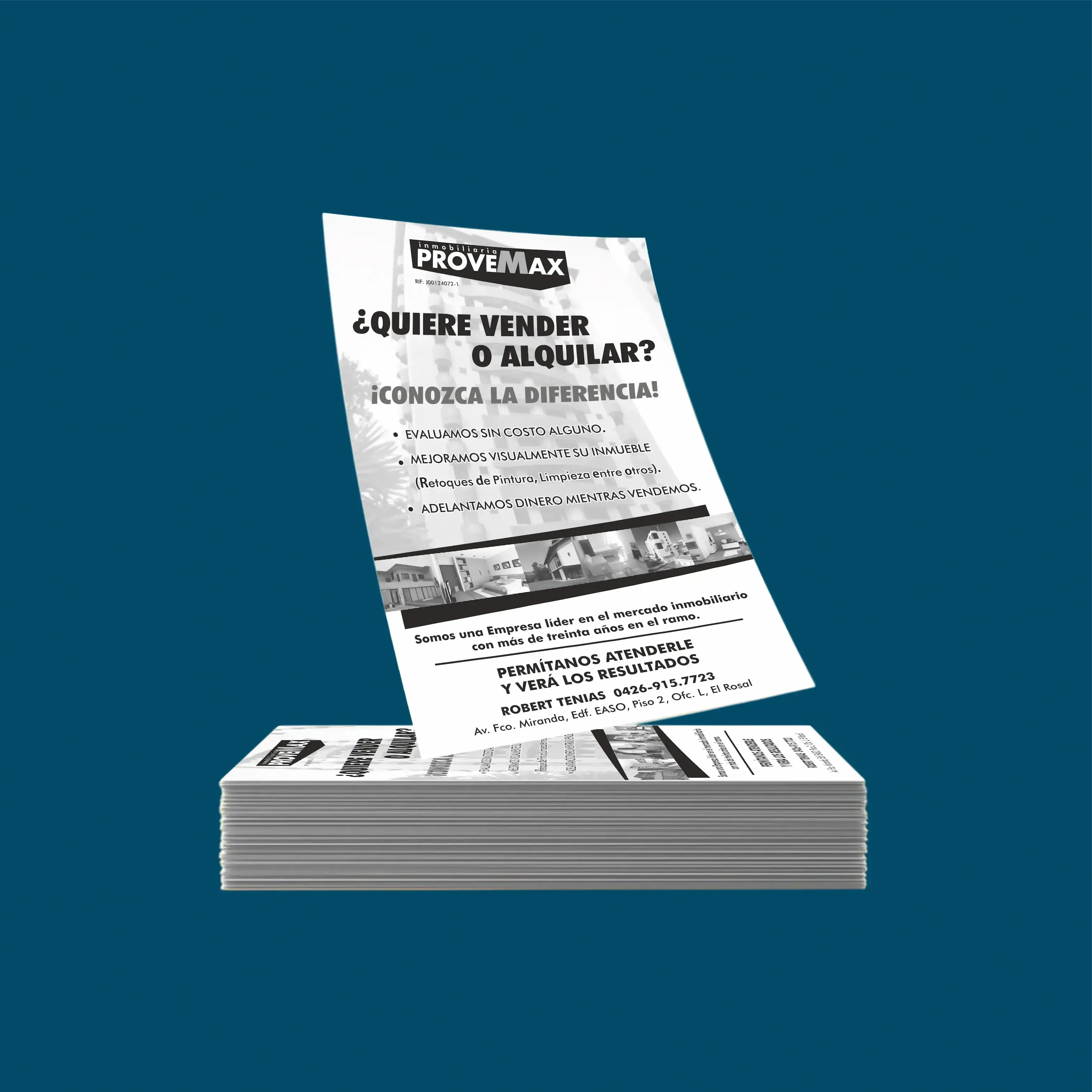Volantes inmobiliarios impresos para promoción de servicios.