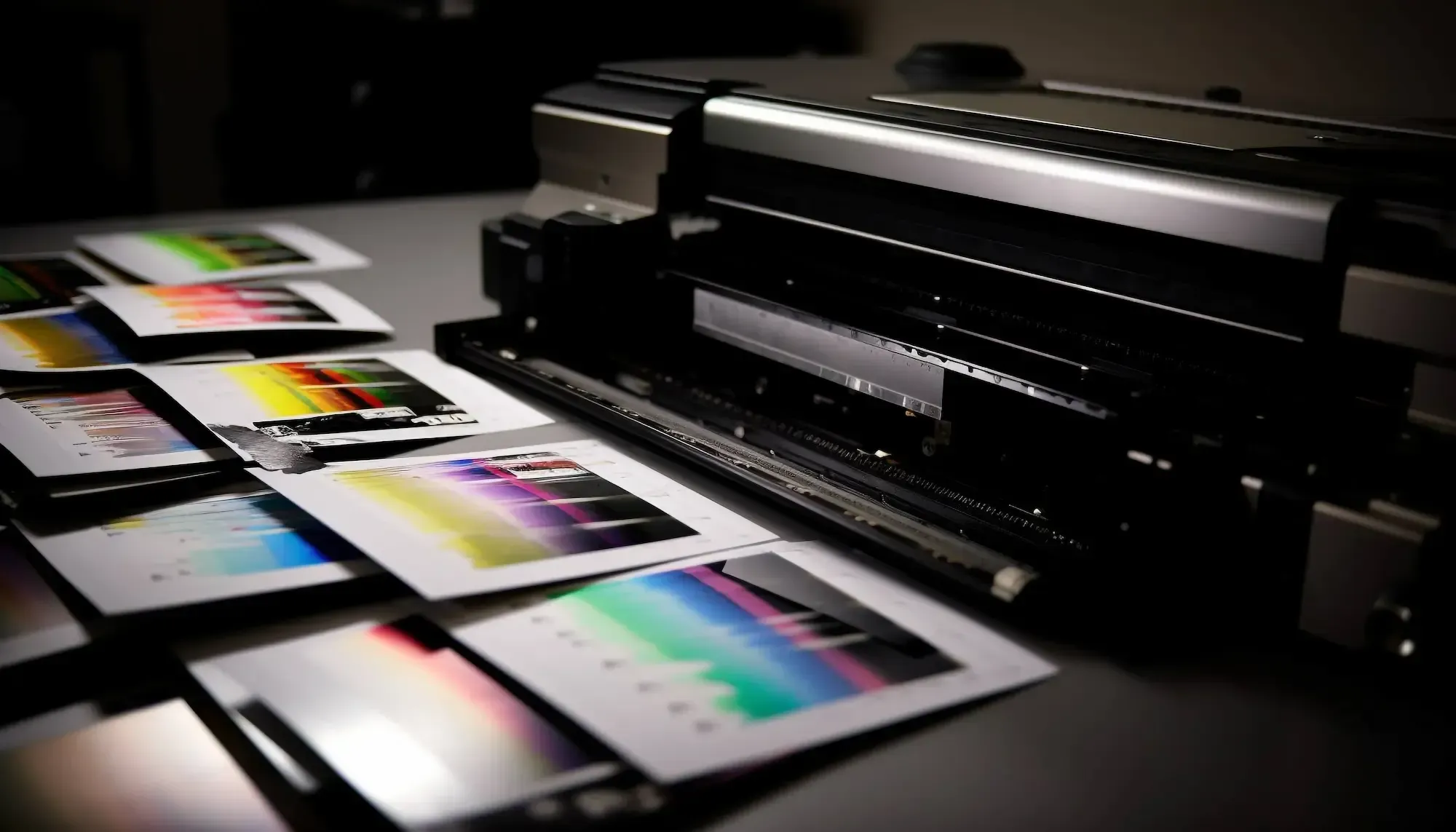 Impresora revisando pruebas de color para control de calidad.