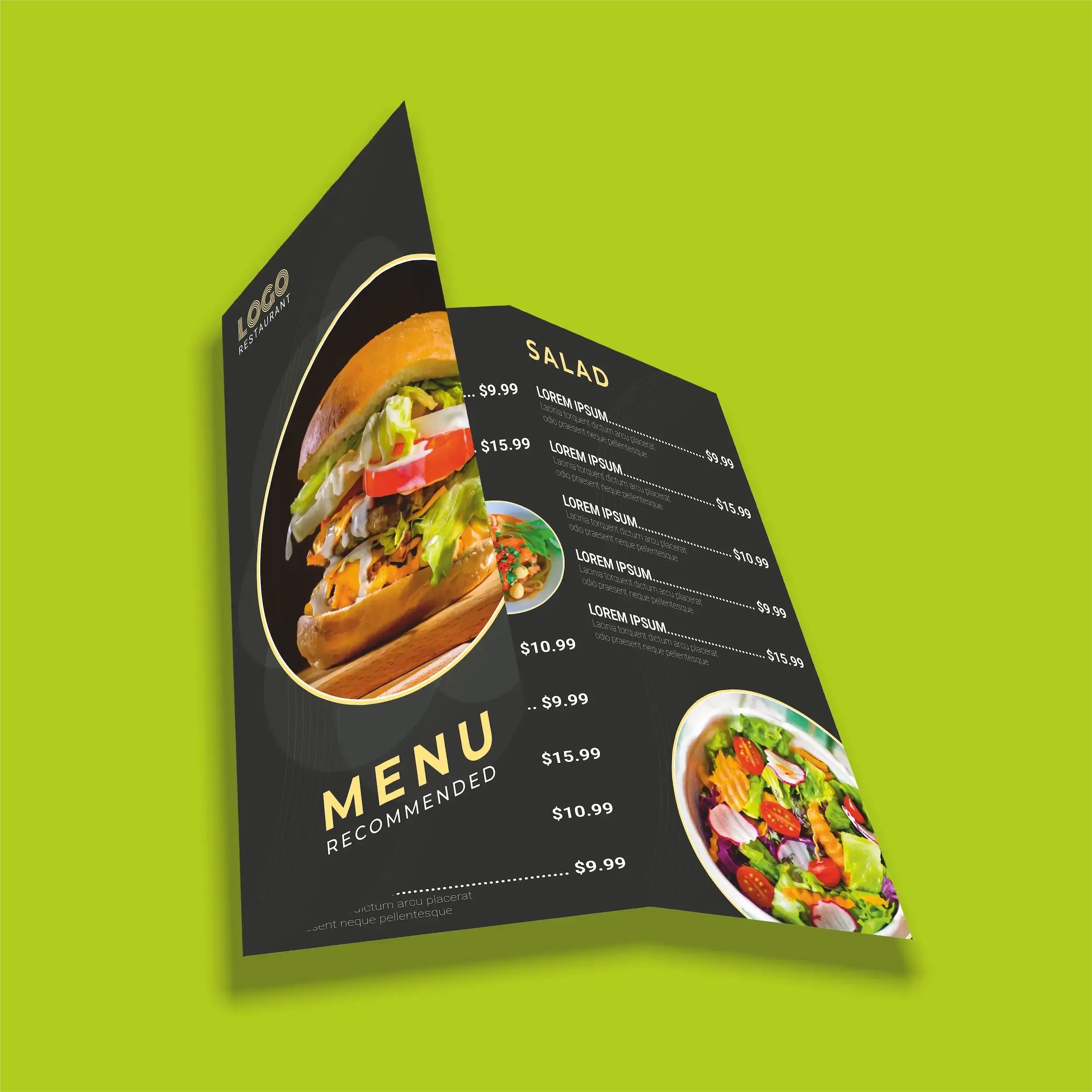 Menú gris en formato tríptico con imágenes de hamburguesa y otros platos sobre fondo verde.