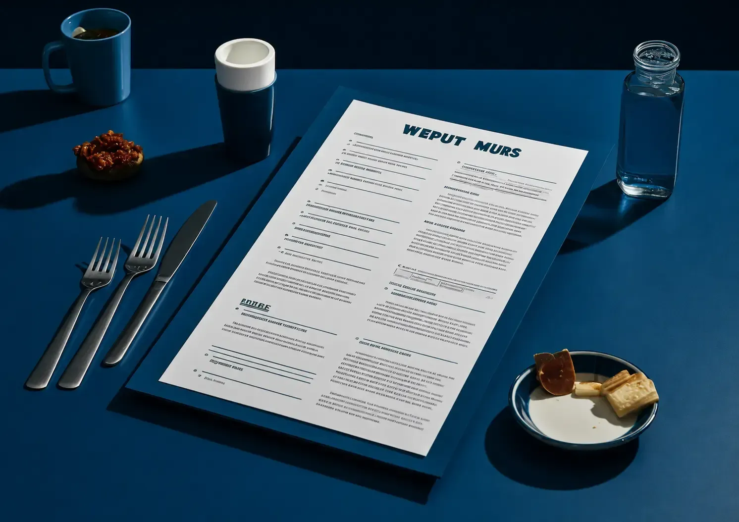 Mesa con un menú impreso, cubiertos y bebidas, ambientada como presentación de cartas para restaurantes.
